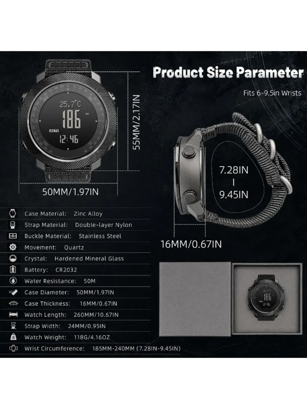 Men's Military Tactical Digital Watch - 50mm Large Face, Waterproof, Sporty